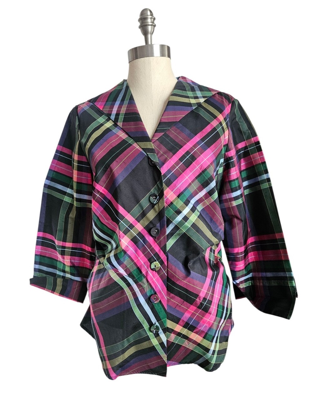 NWT COLDWATER CREEK Bright Plaid Wide Collar Taffeta Silk Blend Blouse | SZ M
